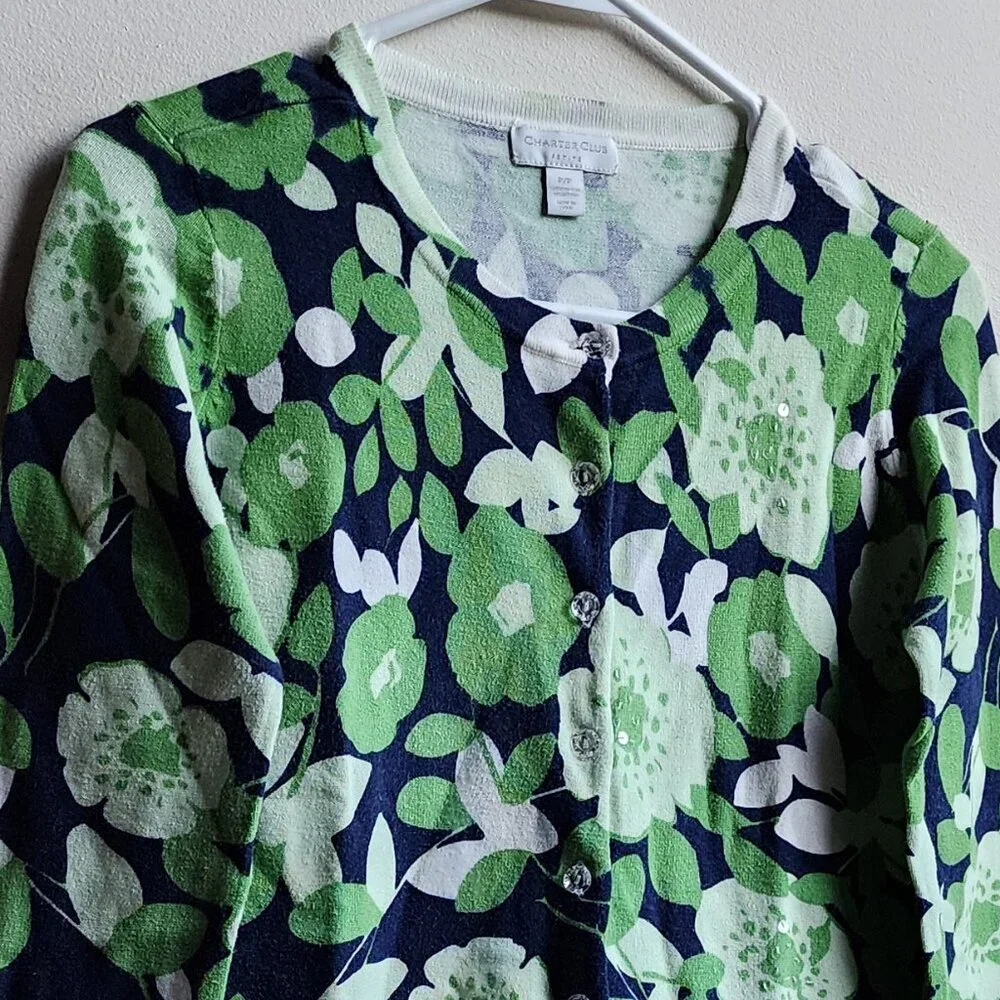 Charter Club Green/Navy Floral Button Down Cardigan Size Petite P Small